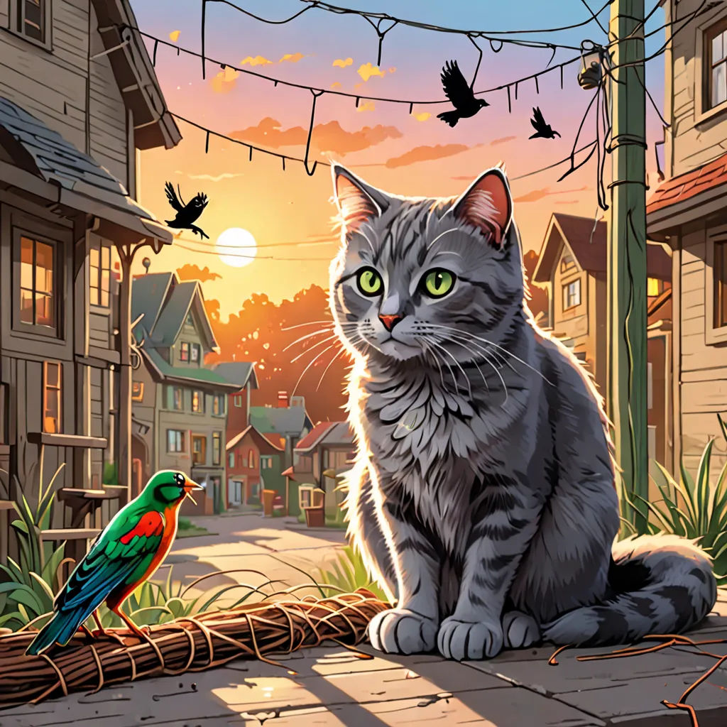 a cat sitting on a wooden plank next to a bird on a street with a sunset in the background, american scene painting, a storybook illustration, Dan Mumford, game art