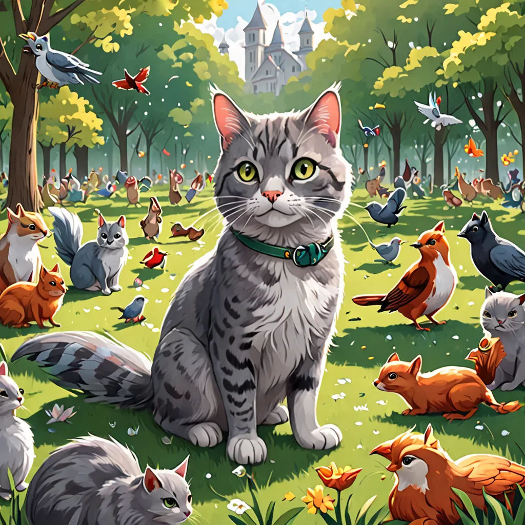 a cat sitting in the grass surrounded by birds and pigeons in a park with a castle in the background, furry art, a storybook illustration, Chris LaBrooy, official art