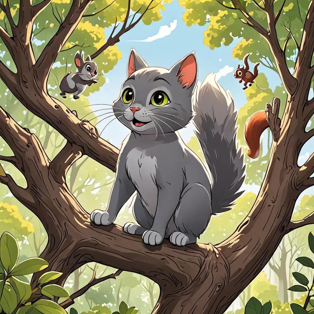 a cat sitting on a tree branch with other cats in the background of the picture, and a squirrel in the foreground, sots art, a storybook illustration, Chris LaBrooy, official art