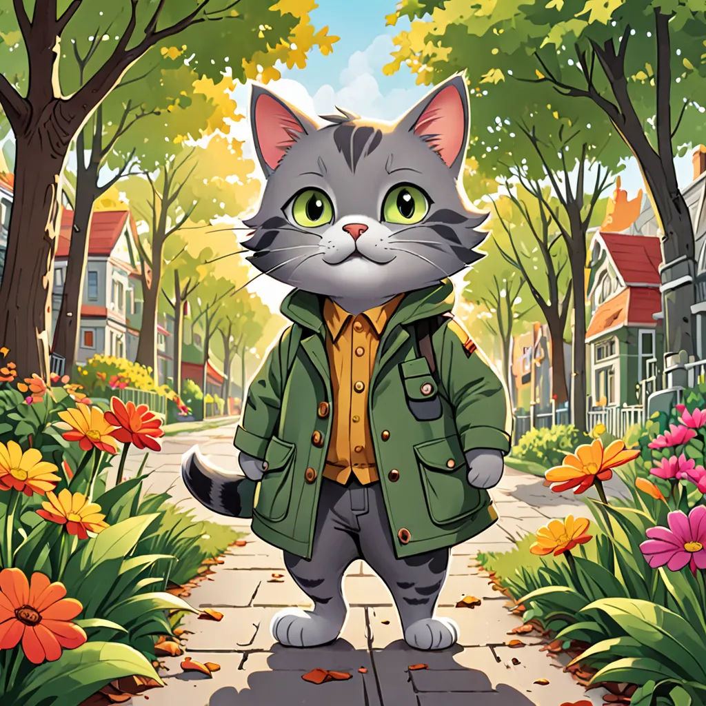 a cat in a parka standing on a sidewalk in a park with flowers and trees around it,, furry art, a character portrait, David Brewster, official art