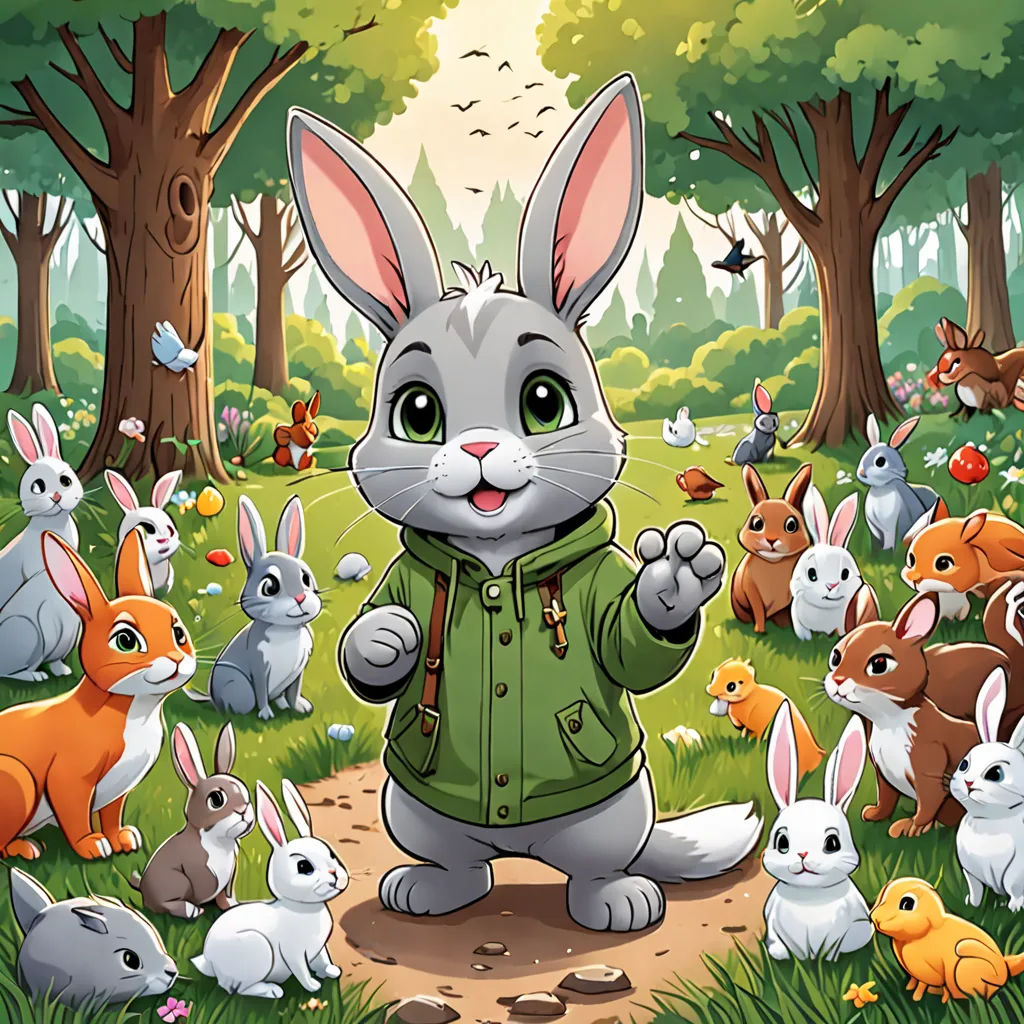 a cartoon rabbit in a green jacket surrounded by many rabbits in a forest with trees and grass, with a path leading to the rabbit, furry art, a storybook illustration, Dan Mumford, official art
