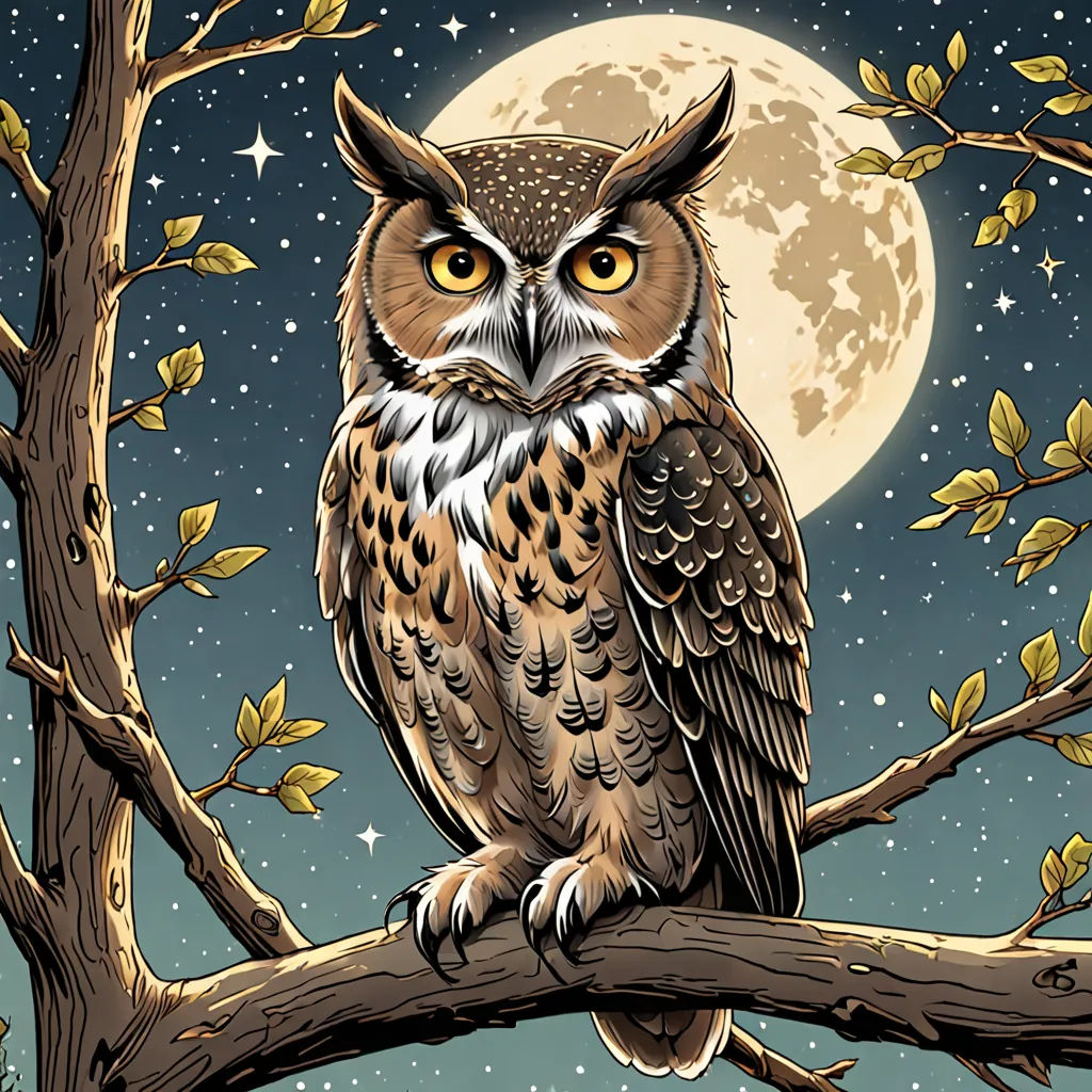 a drawing of an owl sitting on a tree branch with a full moon in the background and stars in the sky, fantasy art, a storybook illustration, Dan Mumford, josan gonzales and dan mumford