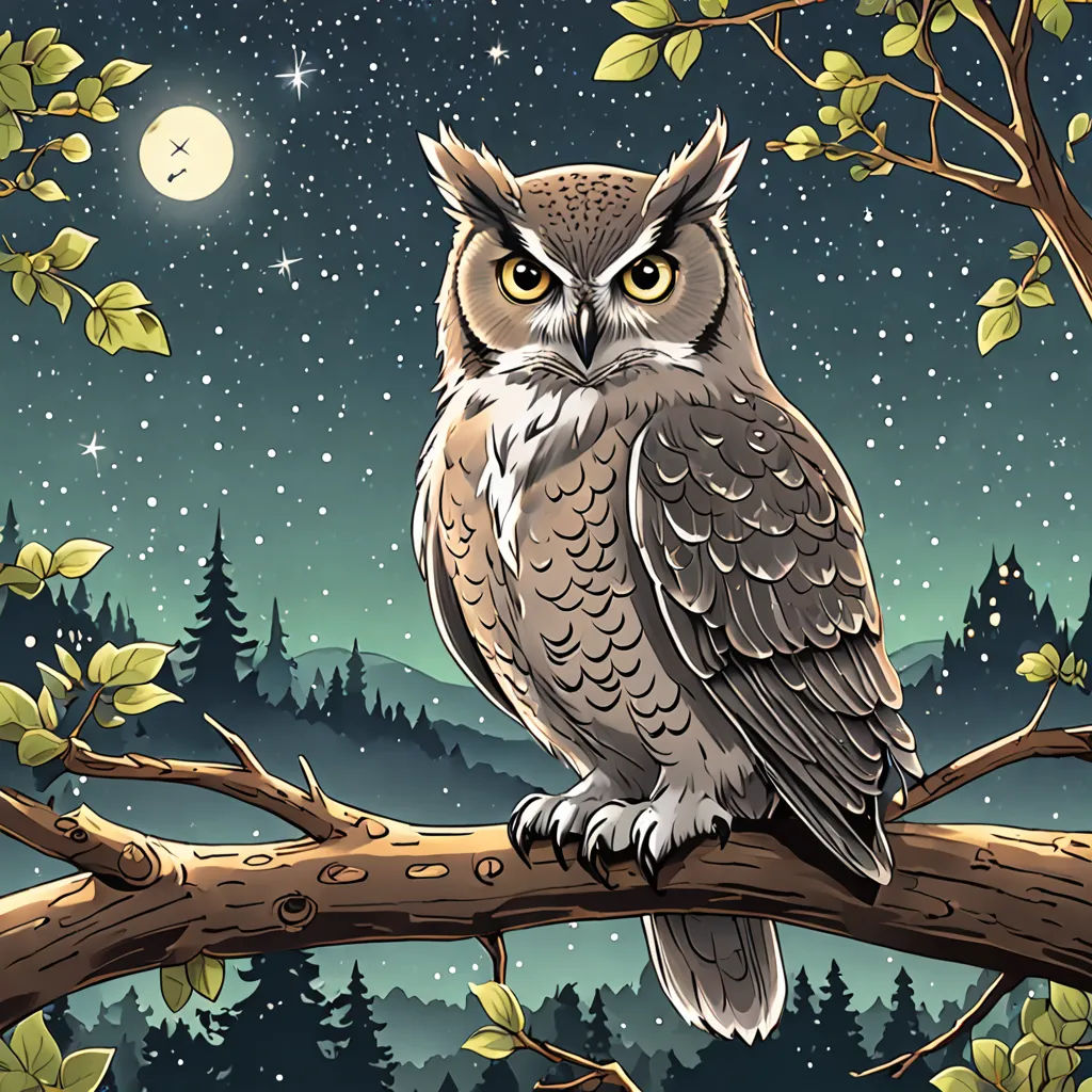a owl sitting on a branch in a forest at night with the moon in the background and stars in the sky, fantasy art, a storybook illustration, Dan Mumford, josan gonzales and dan mumford