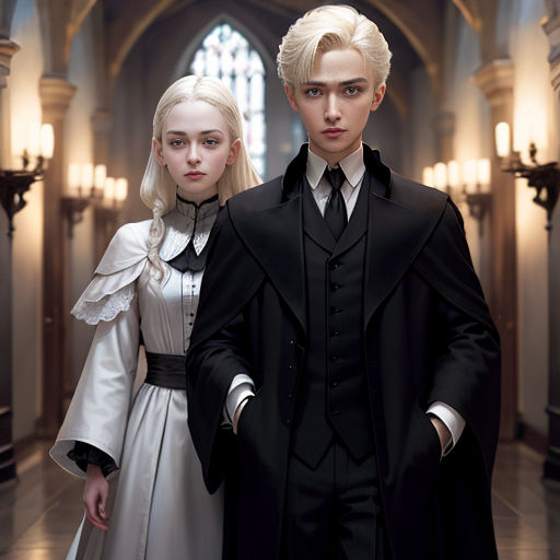 a man and a woman dressed in black and white standing in a hall with a chandelier and chandelier