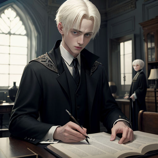 a man in a suit writing on a book in a room with a desk and a clock in the background