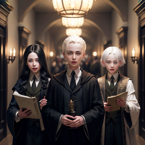 three people standing in a hallway with a book in their hands and a statue in front of them,