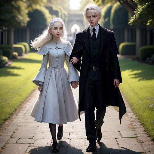 a man and a woman dressed in victorian clothing walking down a path in a garden with trees and bushes