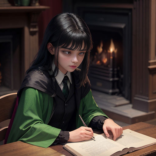 a girl sitting at a table with a book and pen in her hand and a book open to her
