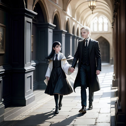 a man and a woman walking down a hallway holding hands and looking at each other with a painting on the wall behind them