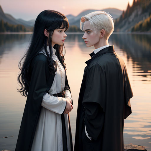 a couple of people standing next to each other near a lake at sunset or dawn with mountains in the background