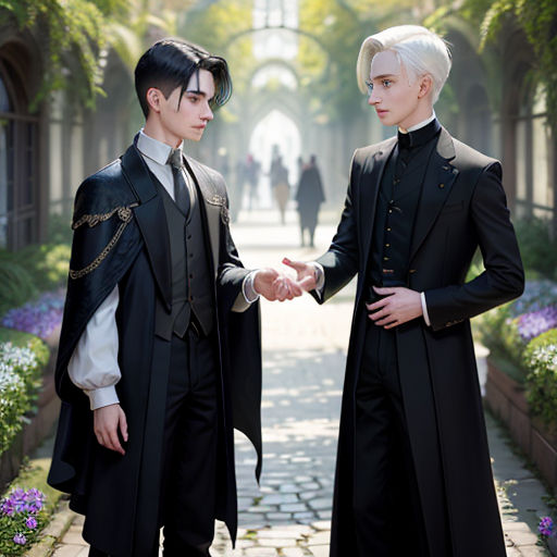 two men in black suits standing next to each other in a courtyard with flowers and trees in the background