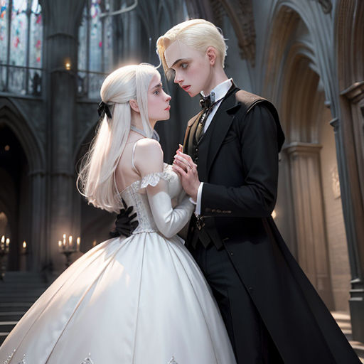 a man and a woman dressed in white standing next to each other in a church together, dressed in white