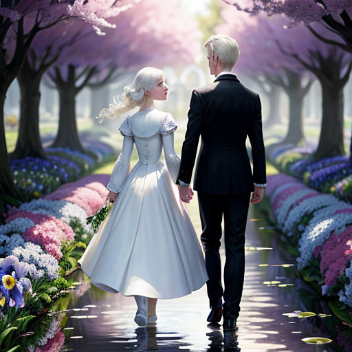 a man and a woman walking down a path in a garden with flowers on both sides of them and trees on the other side