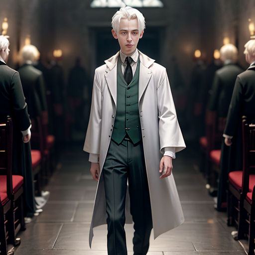 a man in a white coat and green tie walking down a hall with red chairs and red chairs behind him