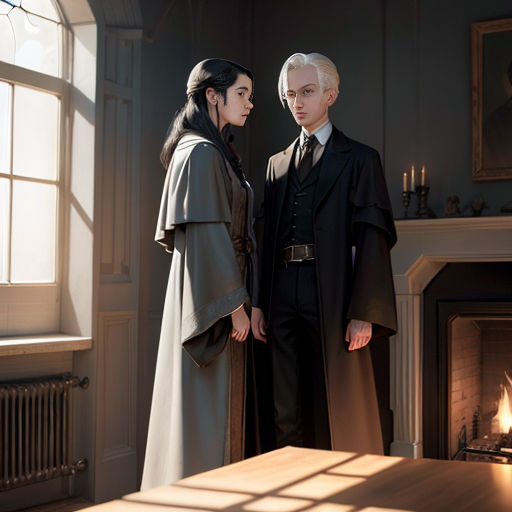a man and a woman standing in front of a fireplace in a room with a fireplace and a painting on the wall
