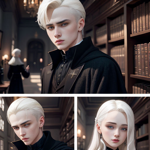 a series of photos of a man and woman in a library with bookshelves and a man in a black coat