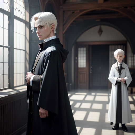a couple of people standing in a room next to each other with a window behind them and a person in a robe