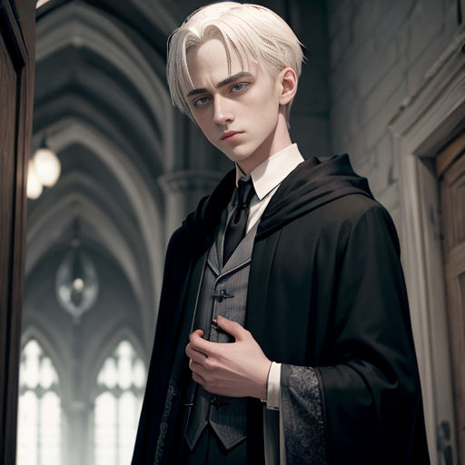 a man with white hair and a black cape standing in a room with a door and a window in the background