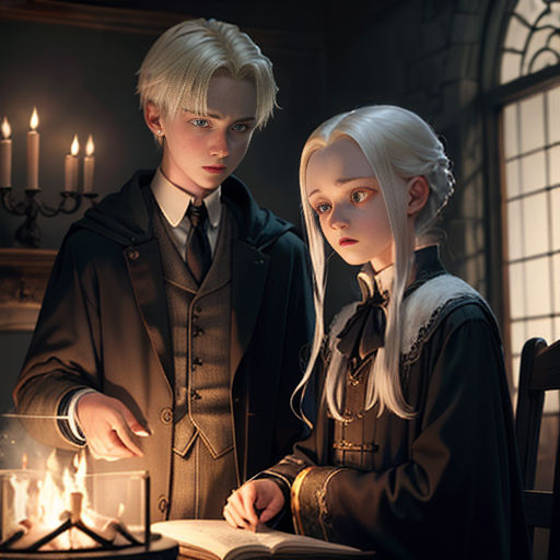 a couple of people standing next to each other near a table with a book on it and candles in the background