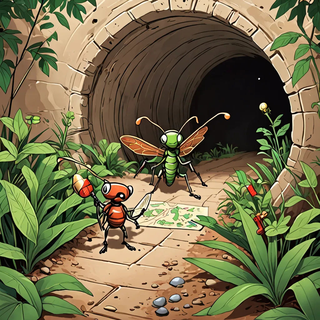 a couple of bugs standing in front of a tunnel with a sign on it that says,,,, environmental art, a cave painting, Andreas Rocha, 2 d game art