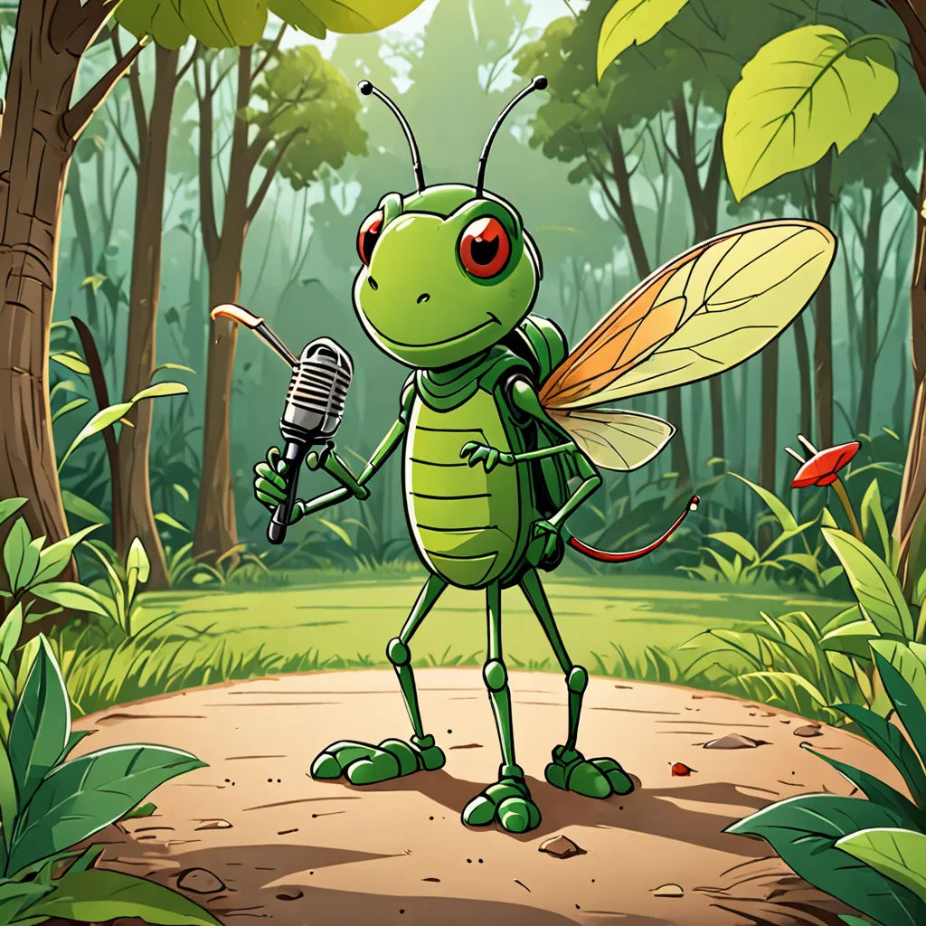 a cartoon insect with a microphone in a forest with trees and grass, with a bird on the ground, sots art, a character portrait, Andries Stock, promotional image