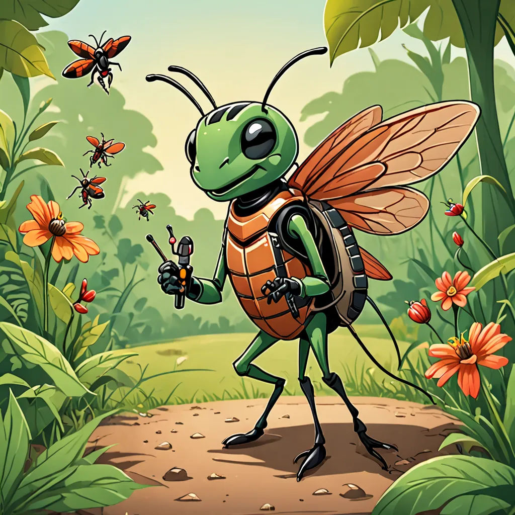 a bug with a backpack is standing in the middle of a jungle with butterflies and flowers around it,, lyco art, a character portrait, Andries Stock, detailed illustration