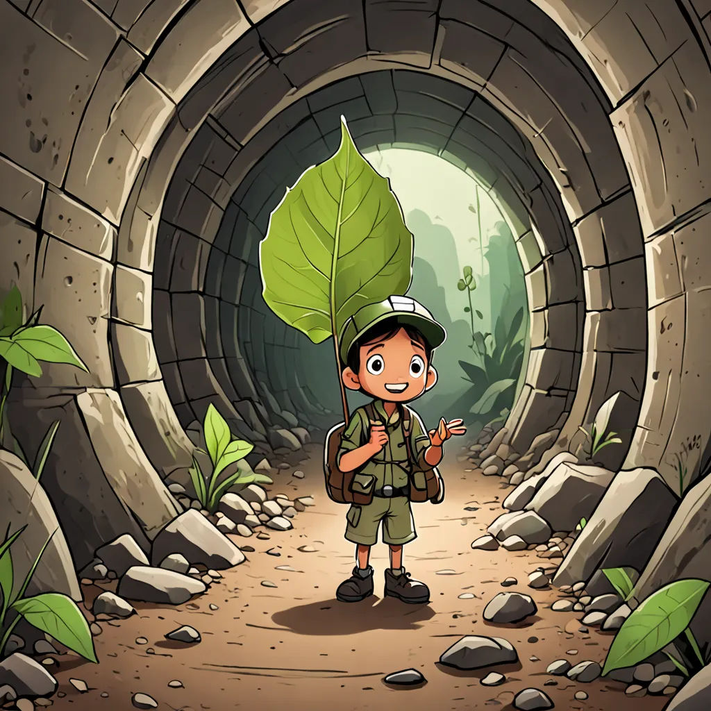 a boy in a tunnel with a green leaf on his head and a backpack on his shoulder, standing in front of a stone tunnel, environmental art, a storybook illustration, Cliff Childs, 2 d game art