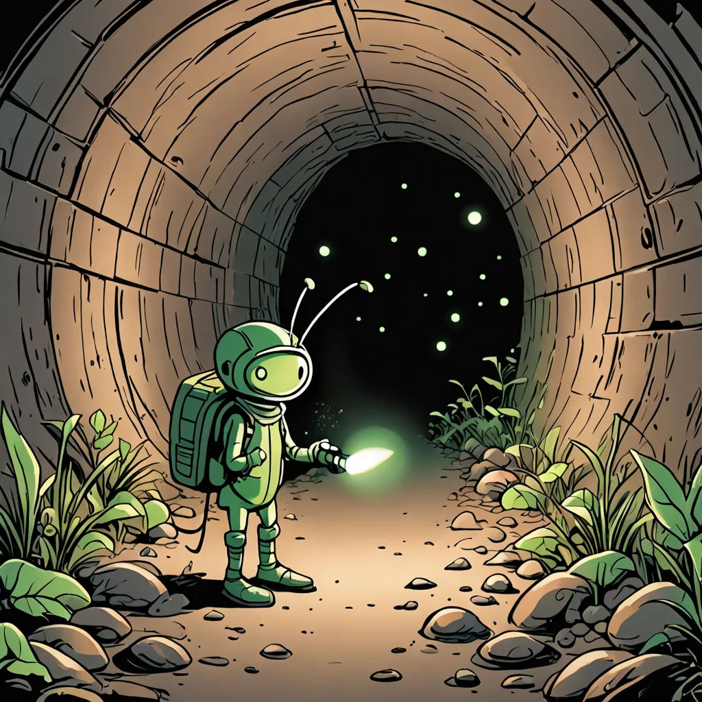 a cartoon character is looking at a green light in a tunnel with rocks and plants around it and a bug in the middle, underground comix, a storybook illustration, Asaf Hanuka, fireflies