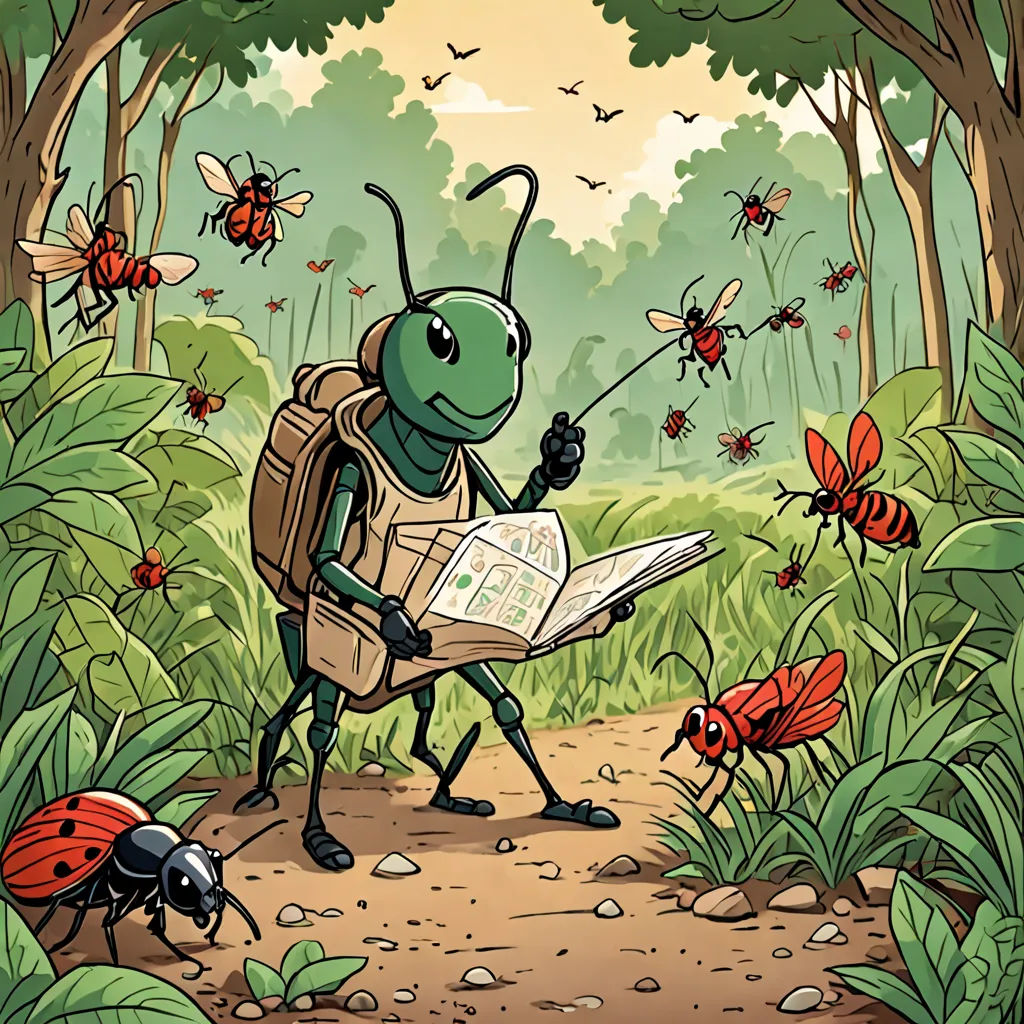 a bug with a book in its hand and a group of bugs around it in the background, with a forest full of bugs, ecological art, a storybook illustration, Asaf Hanuka, detailed illustration