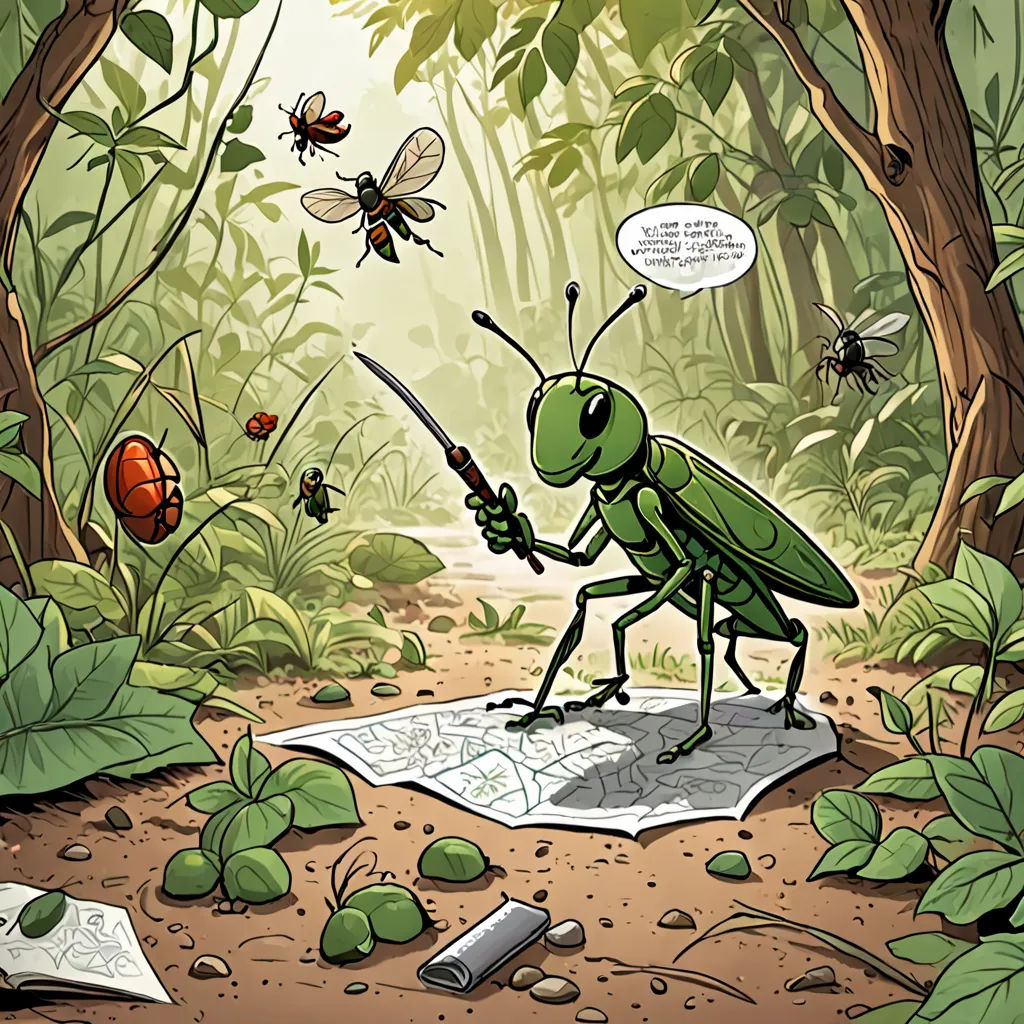 a cartoon of a bug holding a knife in a forest with bugs flying around it and a map in the foreground, underground comix, a storybook illustration, Asaf Hanuka, promotional image