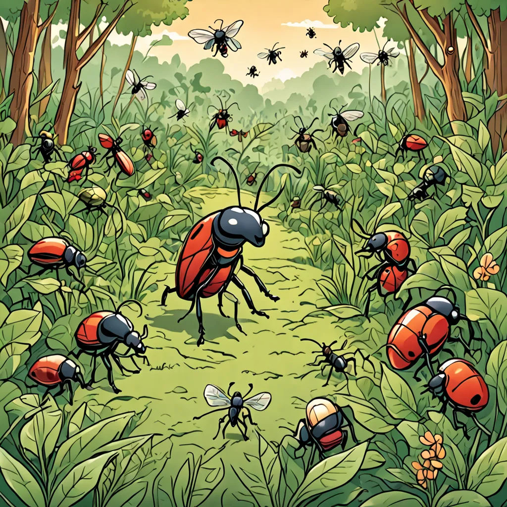 a group of bugs in a forest with many other bugs around them and a sun in the background with a sky, primitivism, an illustration of, Asaf Hanuka, detailed illustration