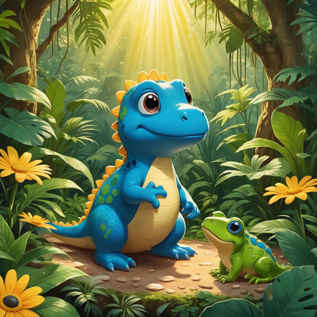 a blue dinosaur and a green frog in a jungle setting with sunbeams and daisies on the ground, sots art, a storybook illustration, Chris LaBrooy, highly detailed digital painting
