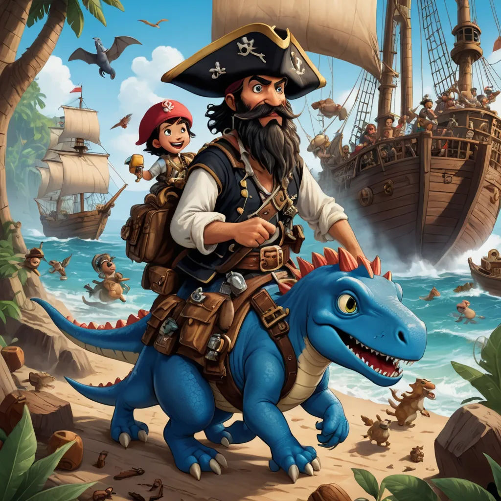 a pirate and a dinosaur are riding on a ship in the ocean with a pirate ship in the background, sots art, a storybook illustration, Adam Rex, key art