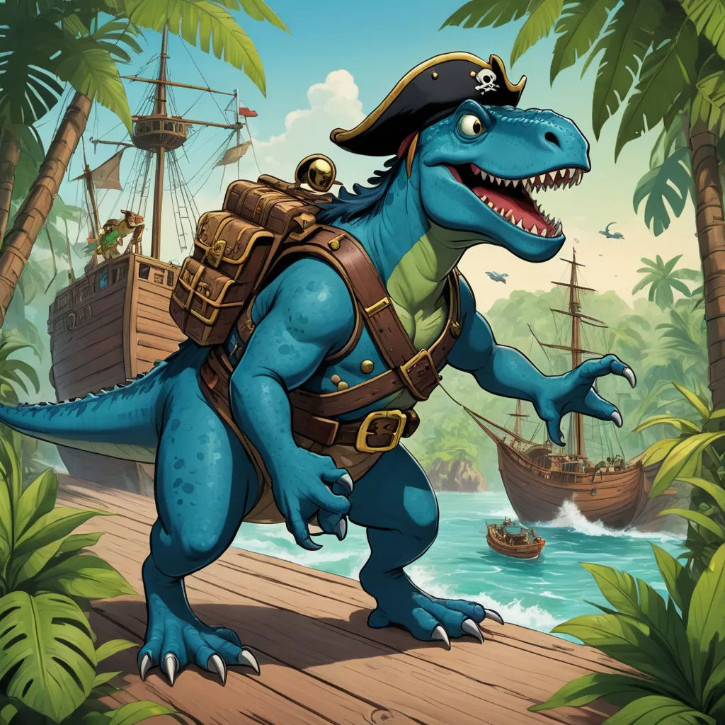 a cartoon dinosaur with a pirate hat and a backpack on a dock in a tropical setting with a ship in the background, altermodern, a character portrait, Adam Rex, magic the gathering artwork