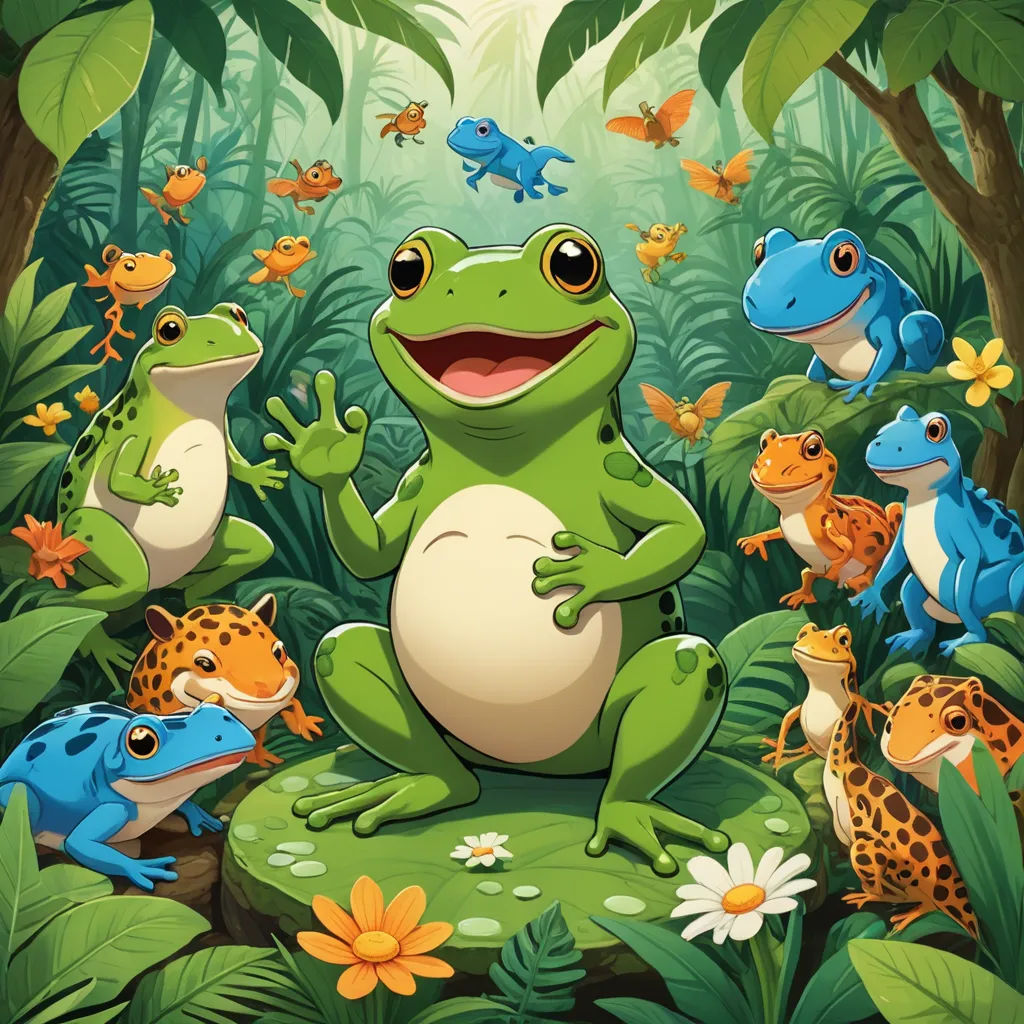 a group of frogs in the jungle with flowers and butterflies around them illustration by alex macieli for the children's book, art & language, a storybook illustration, Chris LaBrooy, official art