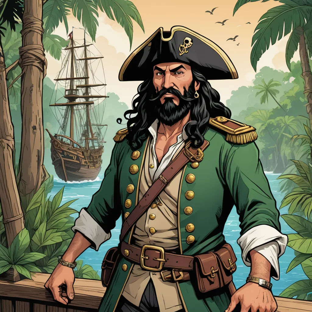 a man in a pirate costume standing in front of a river and a ship in the background with palm trees, serial art, a character portrait, Altoon Sultan, character portrait