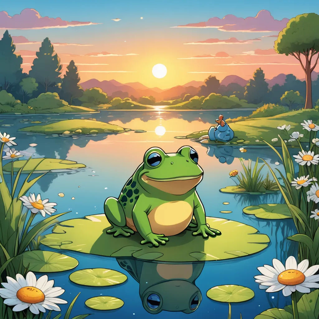 a frog sitting on a lily pad in a pond at sunset with a person in a boat in the background, environmental art, a storybook illustration, Andries Stock, game art