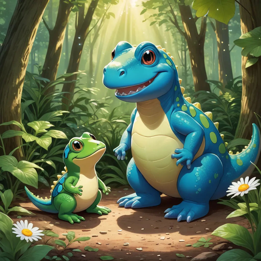 a blue and green dinosaur sitting next to a green frog in a forest with daisies on the ground, sots art, a storybook illustration, Chris LaBrooy, game art
