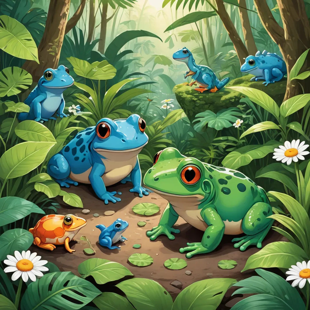 a group of frogs in the forest with daisies and daisies around them illustration by john wyee, fantasy art, a storybook illustration, Chris LaBrooy, highly detailed digital painting