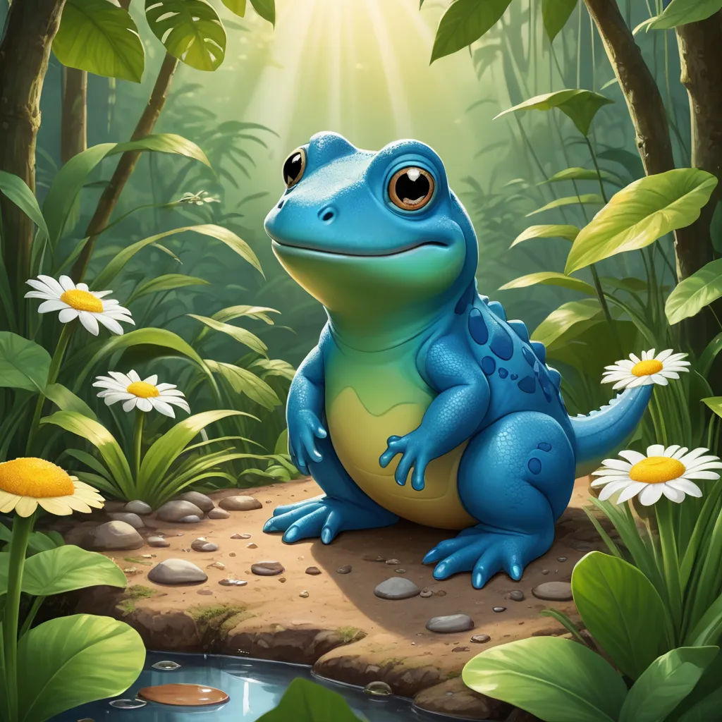 a blue frog sitting on a rock in a forest with daisies and daisies around it, with the sun shining through the trees, fantasy art, a digital painting, Chris LaBrooy, professional digital painting