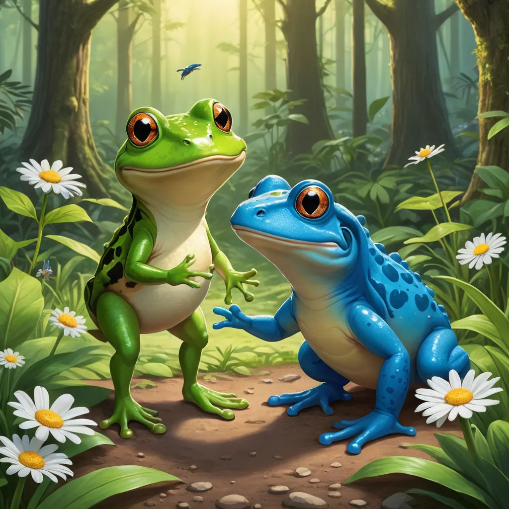 two frogs are sitting in the middle of a forest with daisies and daisies around them, and one frog is looking at the camera, fantasy art, a digital painting, Chris LaBrooy, highly detailed digital painting