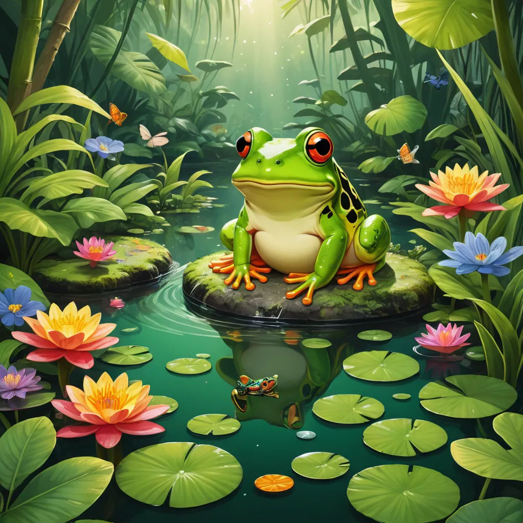 a frog sitting on a rock in a pond of water surrounded by lily pads and butterflies illustration by george wylock, fantasy art, a storybook illustration, Andries Stock, highly detailed digital painting