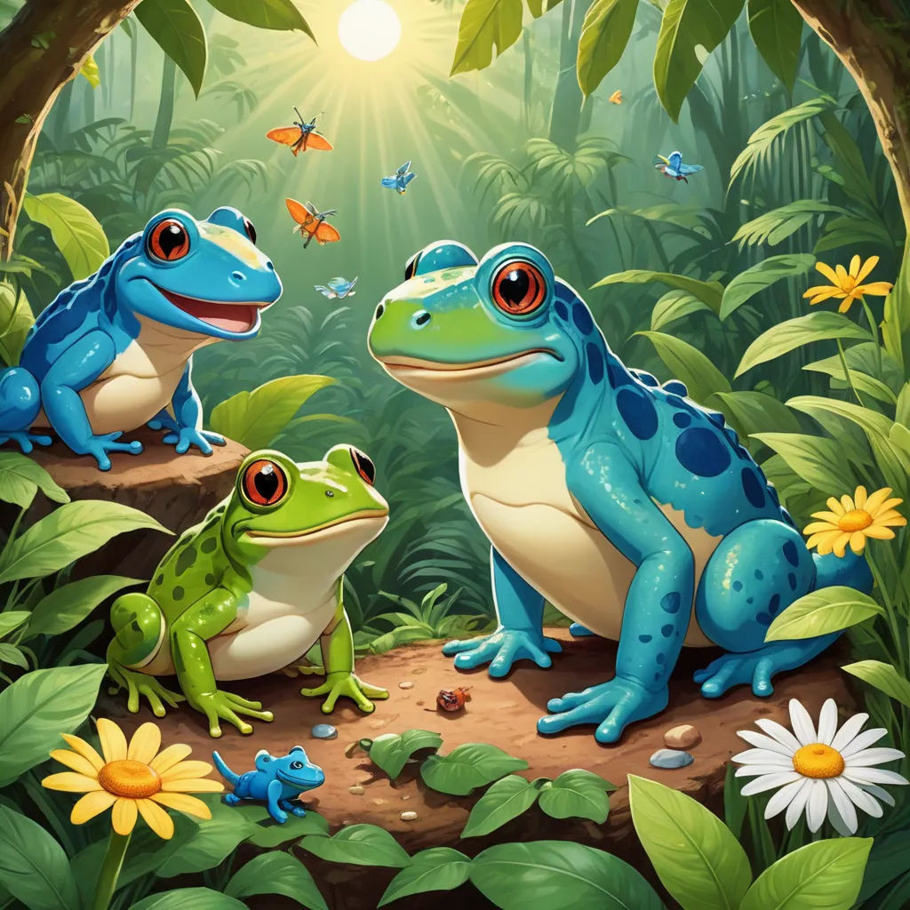 a group of frogs sitting in the forest with butterflies and flowers around them, and a butterfly flying above them, fantasy art, a digital painting, Chris LaBrooy, highly detailed digital painting