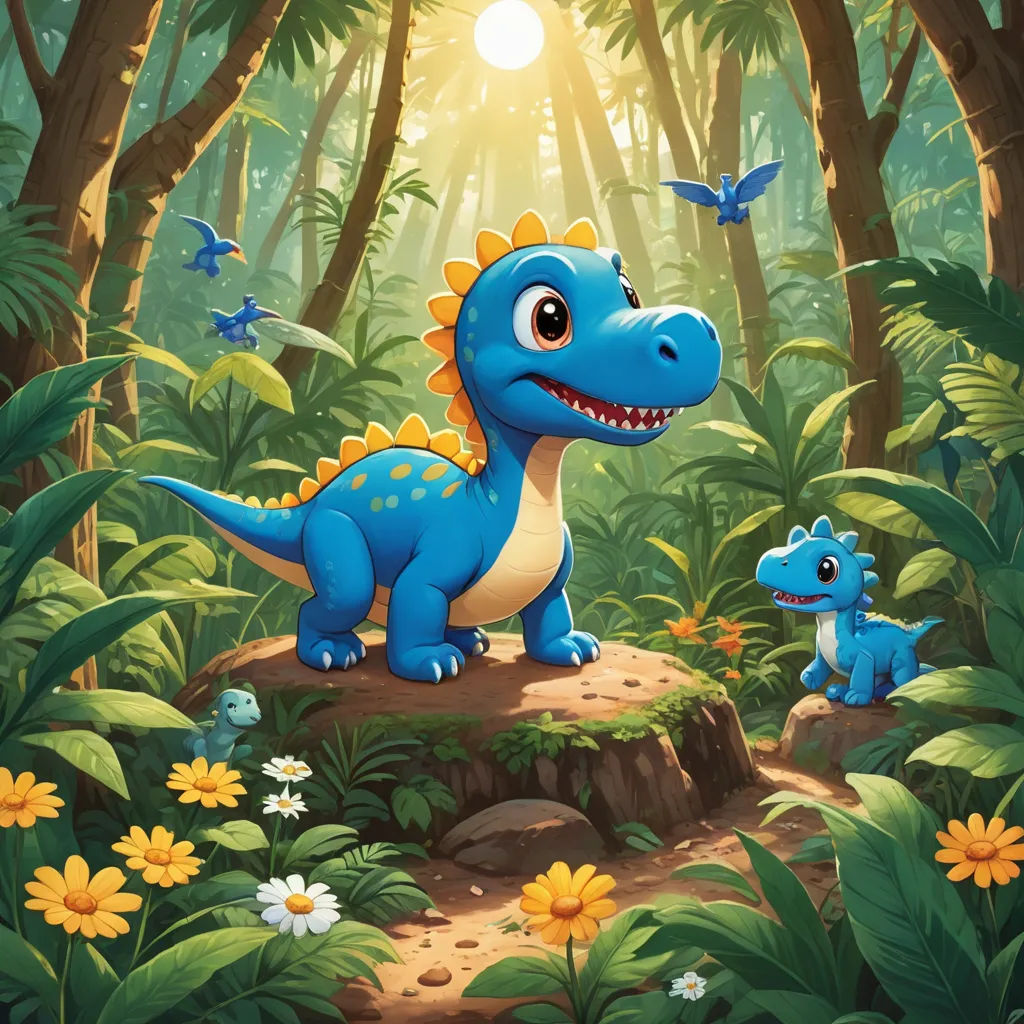 a blue dinosaur and a baby blue dinosaur in a jungle with butterflies and flowers on a sunny day with sunbeams, sots art, a storybook illustration, Adam Rex, promotional image