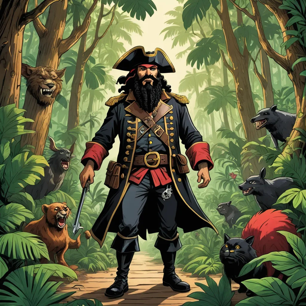 a man in a pirate costume standing in a forest with animals around him and a bear behind him,, furry art, a character portrait, Alex Petruk APe, comic cover art