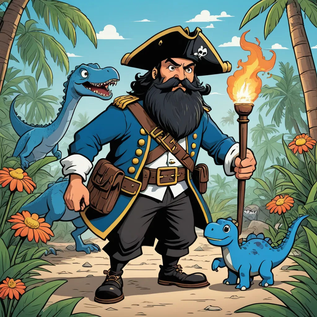 a cartoon pirate with a sword and a dinosaur in the jungle with a flame in his hand and a flaming in his hand, fantasy art, a storybook illustration, Adam Rex, character portrait