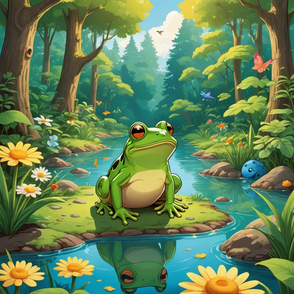 a frog sitting on a rock in a forest with a pond of water and flowers around it, with a butterfly flying above, fantasy art, a storybook illustration, Andries Stock, nature