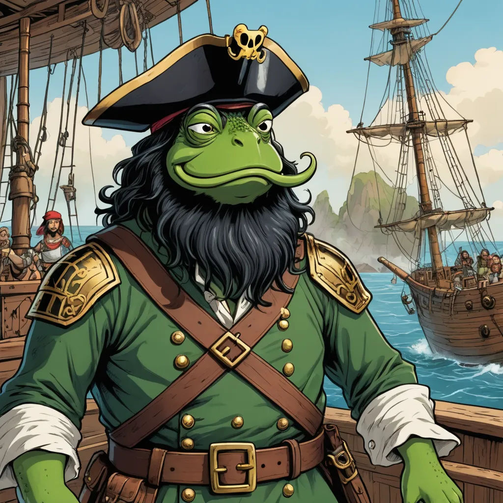 a cartoon frog dressed in a pirate costume standing on a boat in the ocean with a pirate ship in the background, fantasy art, a character portrait, Diego Gisbert Llorens, official art