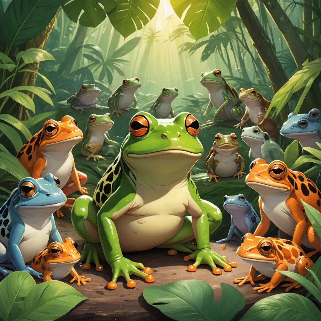 a group of frogs sitting in the middle of a forest with a sunbeam in the background and a frog sitting on the ground, altermodern, concept art, Chris LaBrooy, rossdraws global illumination