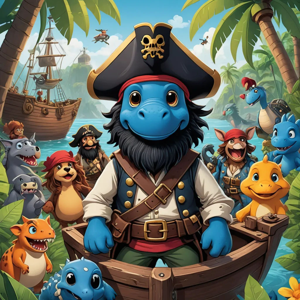 a cartoon character with a pirate hat and beard in a boat surrounded by other characters and animals in a jungle, lyco art, a character portrait, Abidin Dino, key art